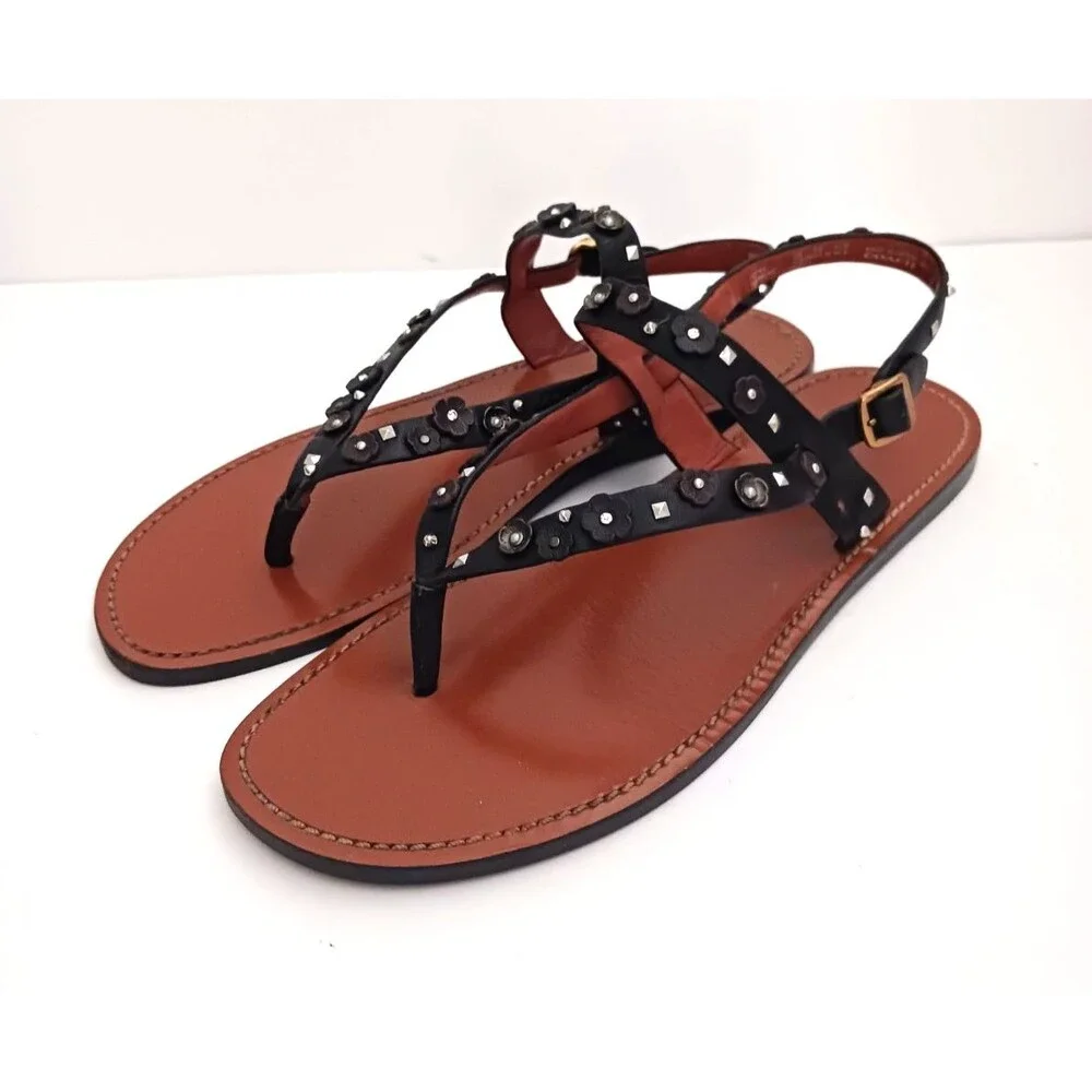 Coach Tea Rose Blk Leather Thong Sandals w Ankle Strap Floral Stud Trim US 10M